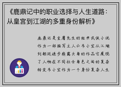 《鹿鼎记中的职业选择与人生道路：从皇宫到江湖的多重身份解析》